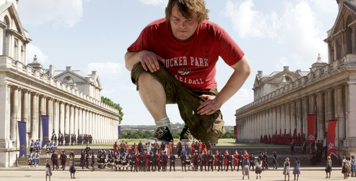 Photo from 20th Century Fox. Gulliver's travels from 2010, with Jack Black in the leading role, here in Lilliput-land.