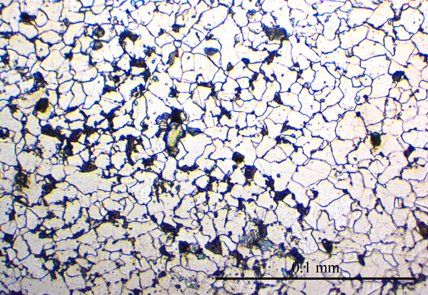 Mikroskopbilde av strukturen i jern. De lyse kornene er rent jern, mens de mørke har høyt karboninnhold.